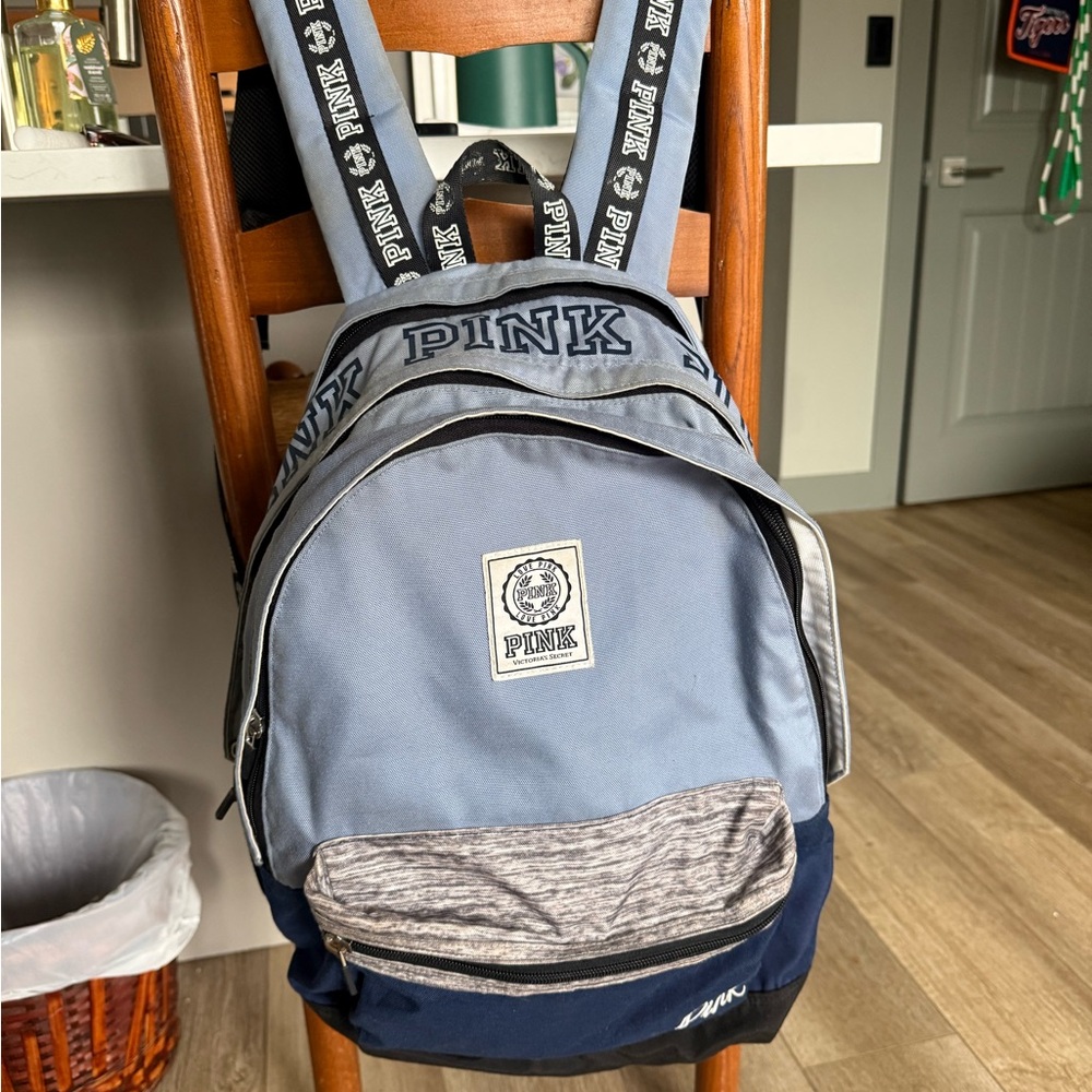 PINK Victoria's Secret Light Blue, Navy & Heather Gray Logo Backpack